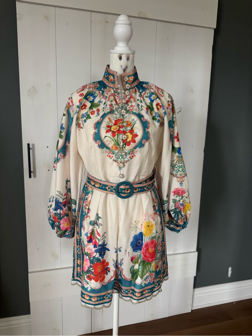 Cream Floral Boho Tunic Romper with Teal Trim